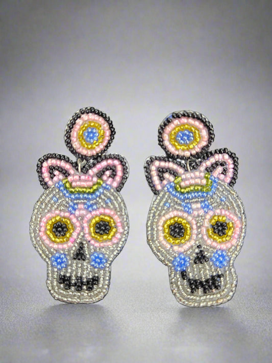 Handmade Candy Skull Seed Bead Post Earrings