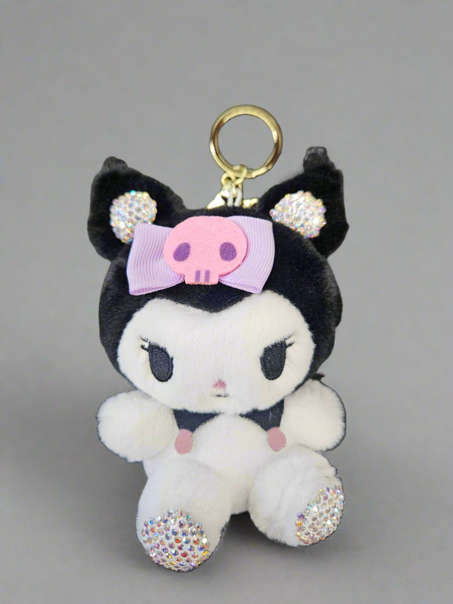 5" Cat with Purple Bow Plushy Rhinestone Keychain