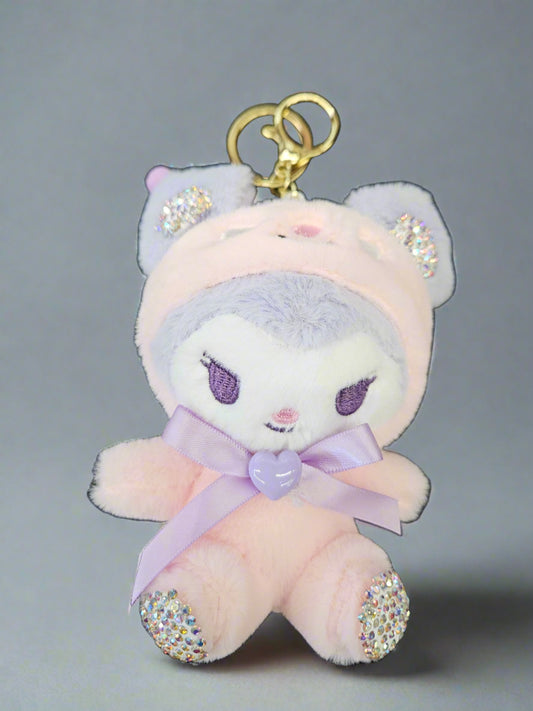 5" Purple Kuromi in Bear Costume Plushy Rhinestone Keychain