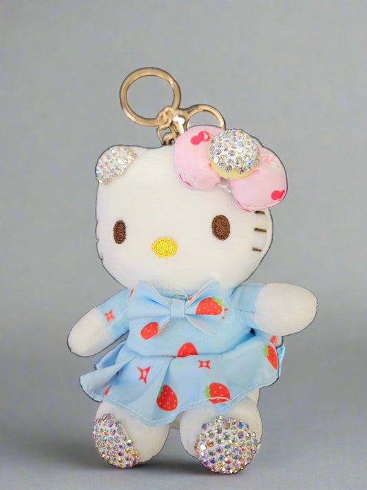 5" Kitty in Blue Dress Rhinestone Plushy Keychain