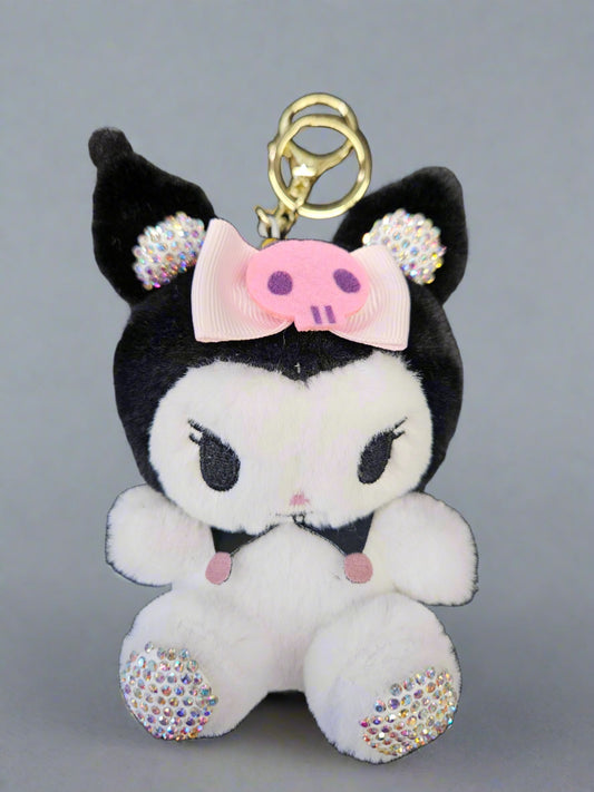 5" Cat with Pink Bow Plushy Rhinestone Keychain