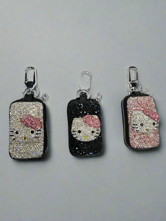 Rhinestone Kitty Faux Leather Key Holder Protector Bag Keychain