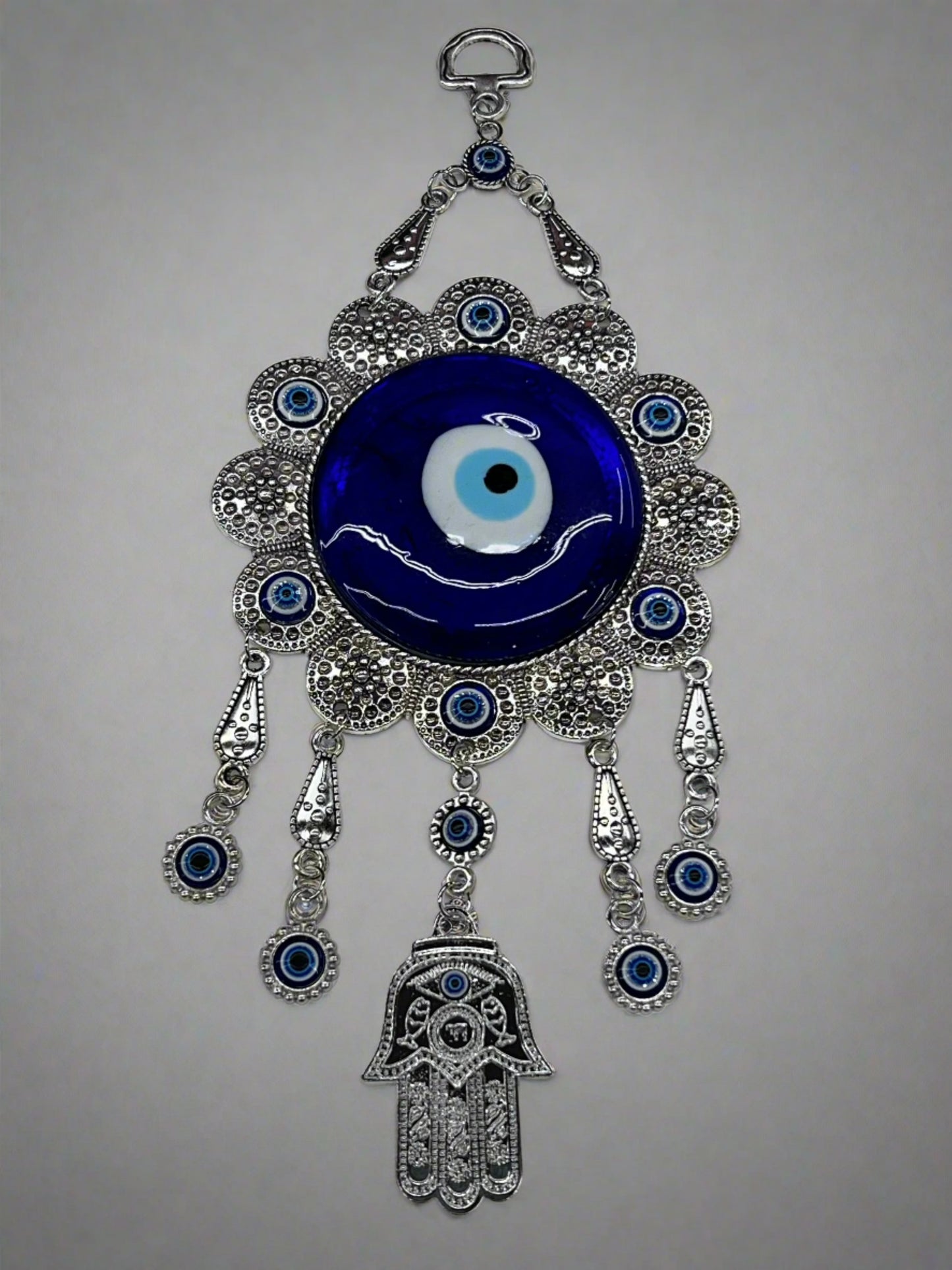 10" Long Glass Blown Evil Eye with Hamsa Hand Charm