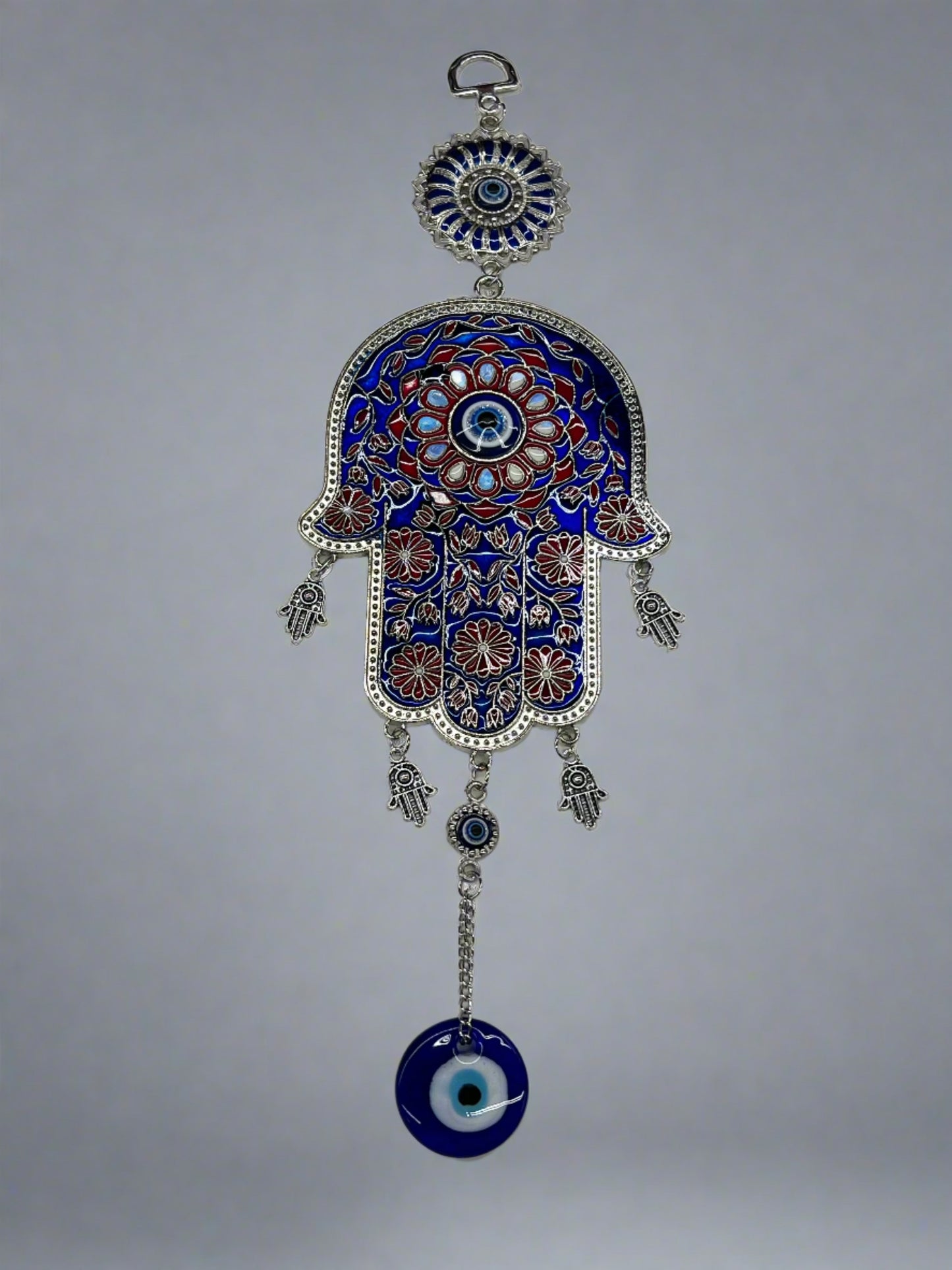 12" Metal Hamsa Hand with Glass Blown Evil Eye Ornament