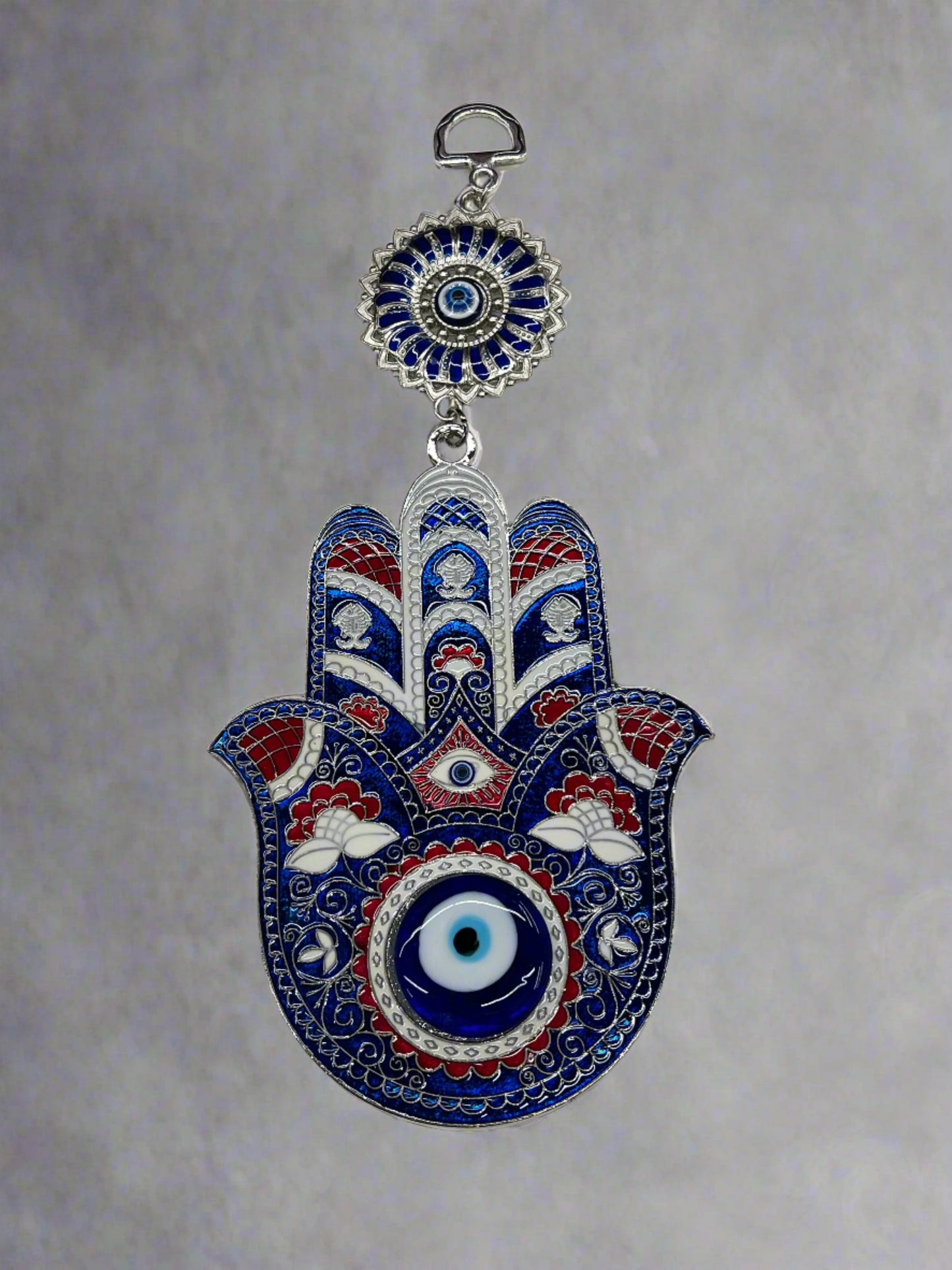 8" Hamsa Hand with Glass Blown Evil Eye in Center Palm Ornament