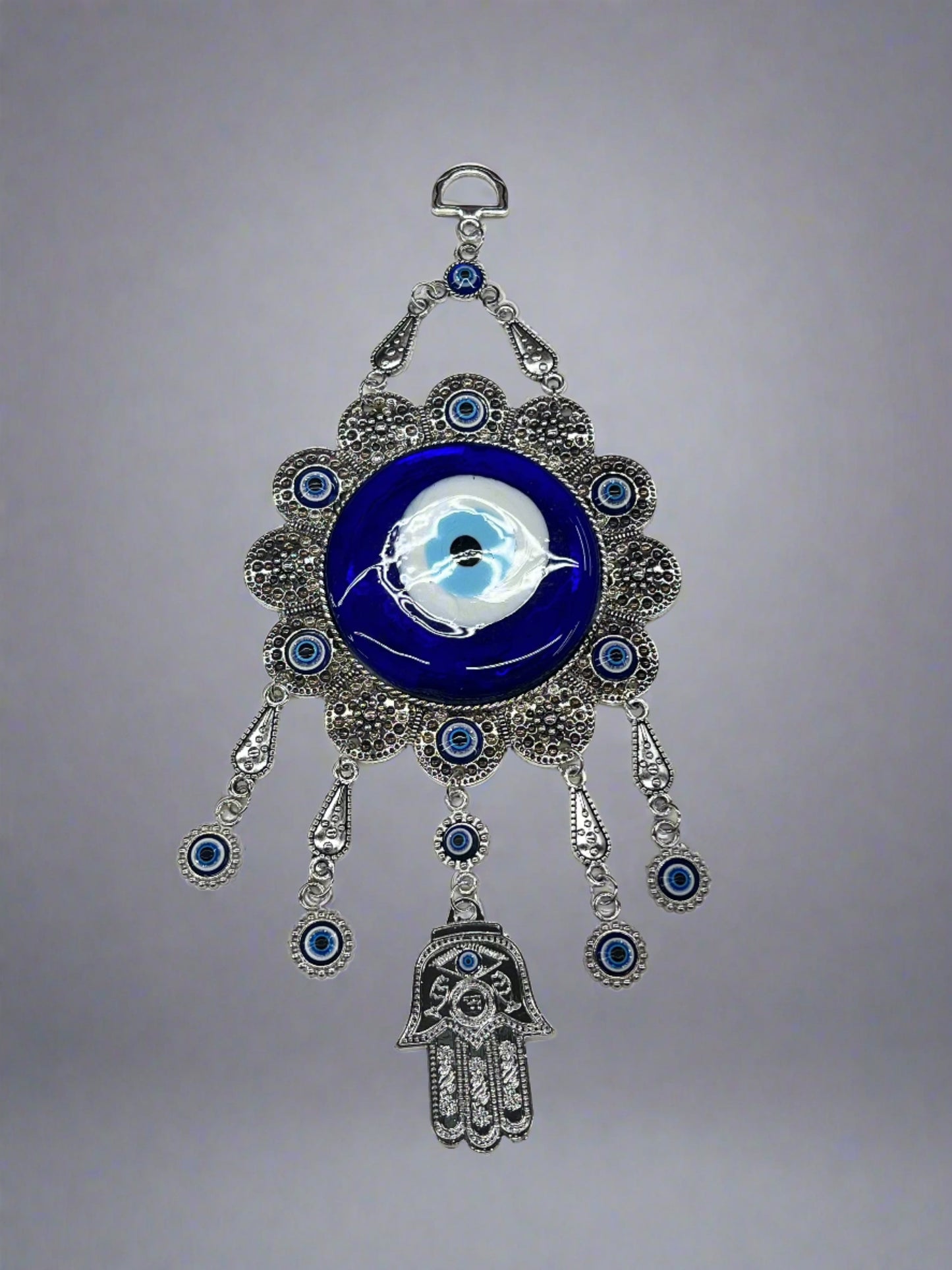 10" Glass Blown Evil Eye Charm with Hamsa Hand Pendant