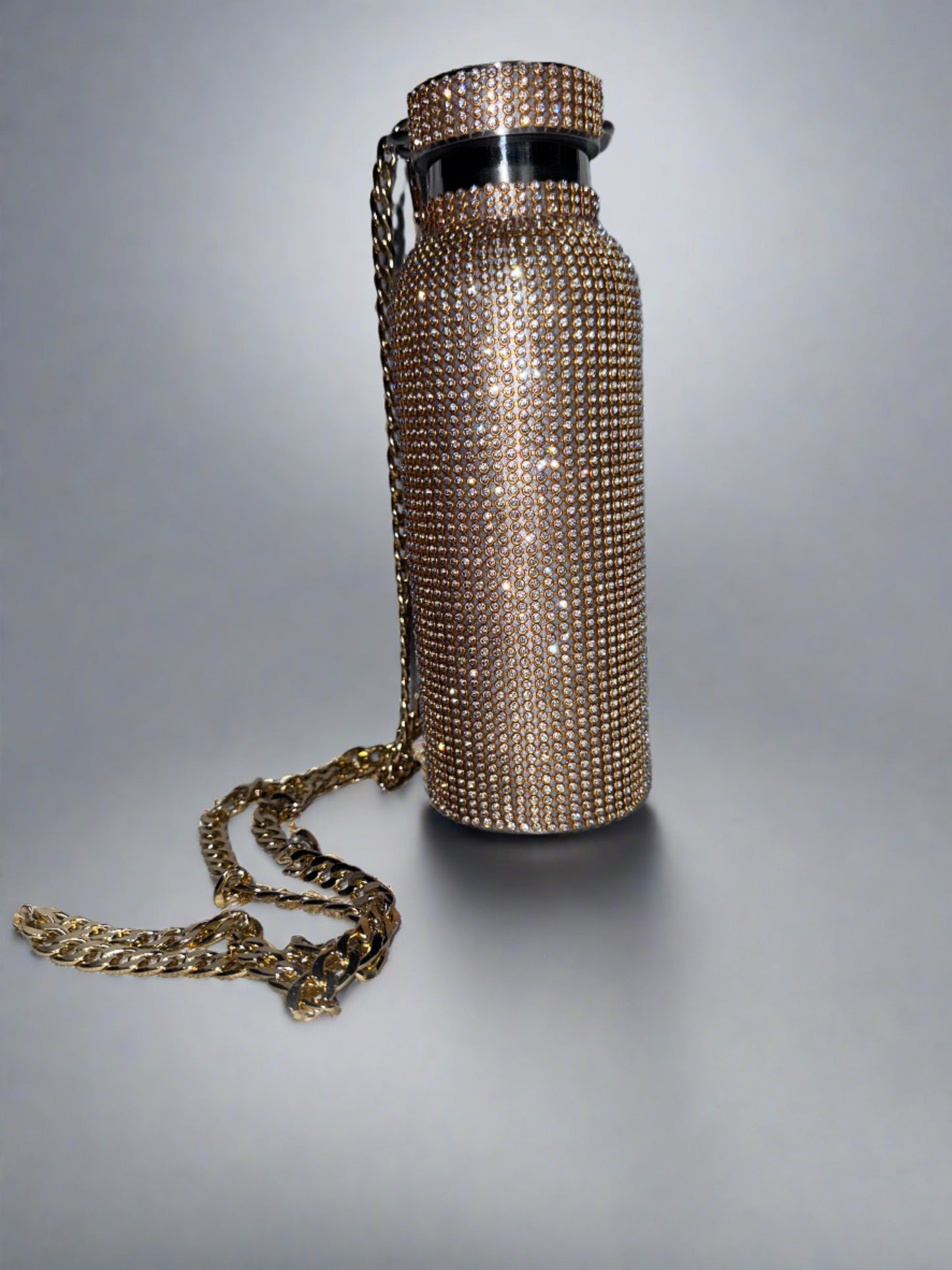 Gold Rhinestone Water Bottle with Chain