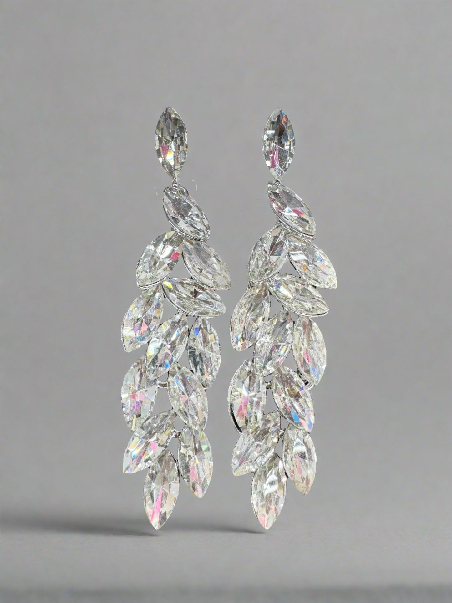 3.5" Leaf Cut Large Rhinestone Earrings