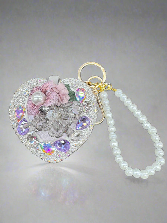 3" Purple Rhinestone Heart Shaped Compact Mirror + Pearl Wristlet