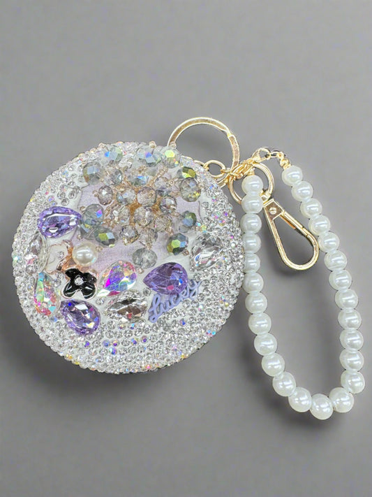 3" Purple Rhinestone Macaroon Compact Mirror+ Pearl Wristlet