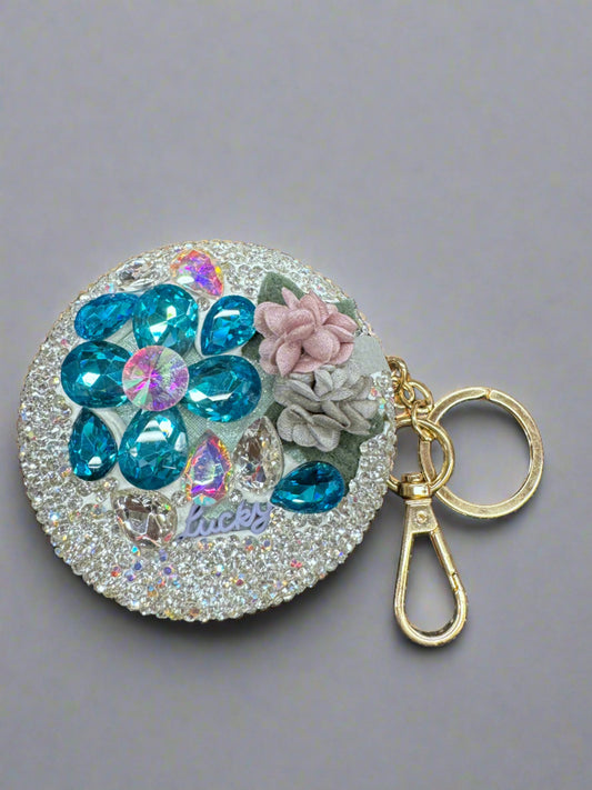 3" Rhinestone Blue Flower Macaroon Compact Mirror Keychain