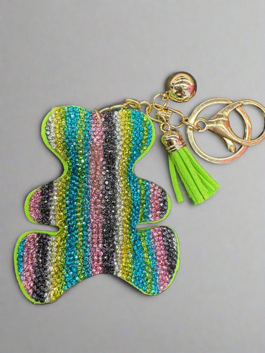 3" Rhinestone Bear with Multi Color Stripe Design Keychain