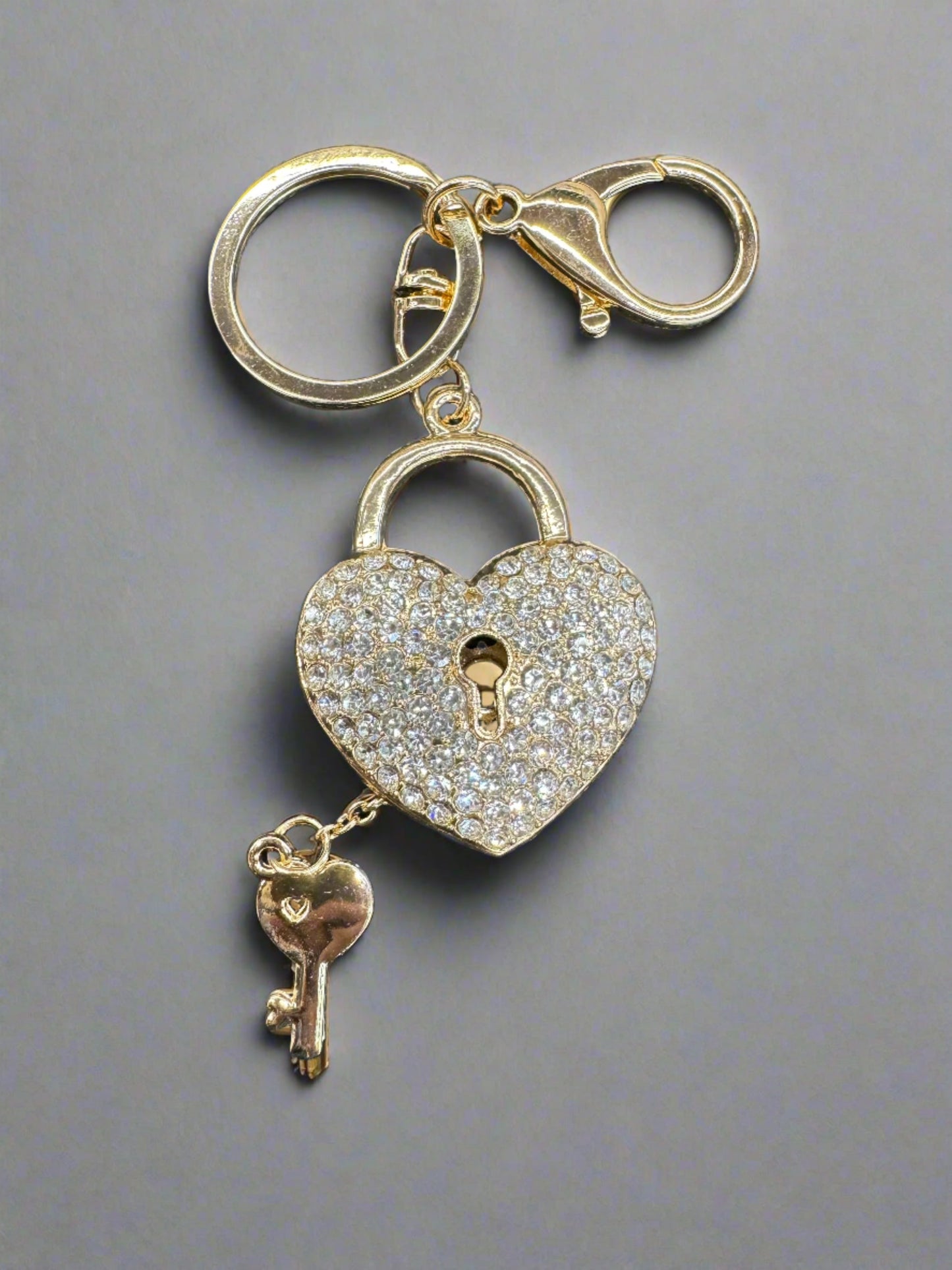 5" Rhinestone Heart Key + Locket Keychain