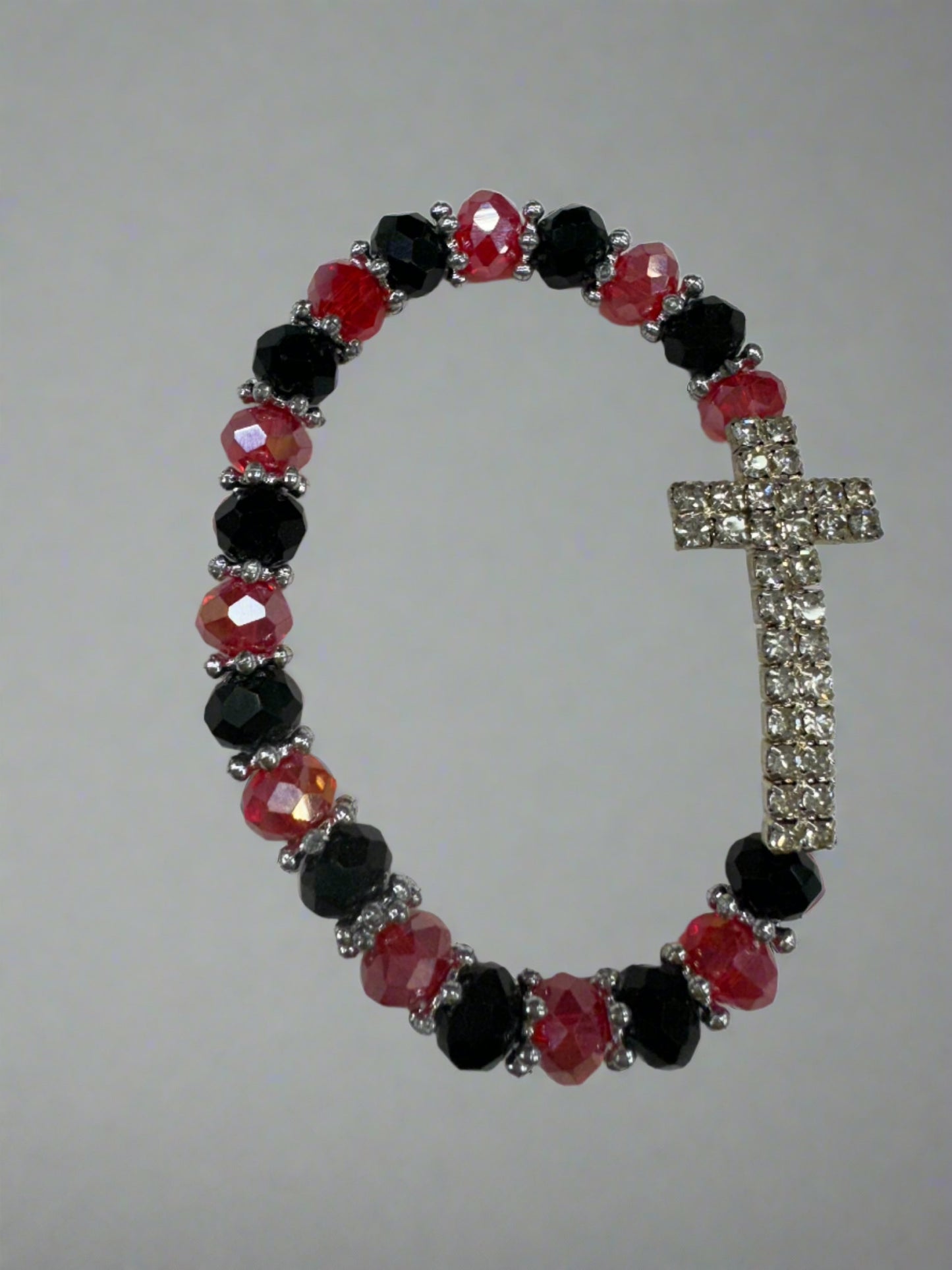 Red+Black Crystal Beaded Stretch Bracelet with Antique Rhinestone Cross (12pc)