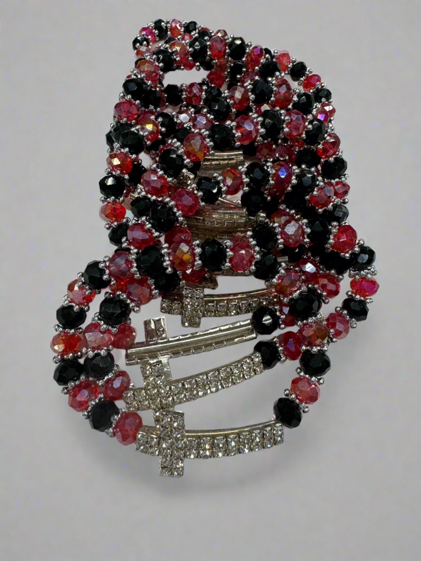 Red+Black Crystal Beaded Stretch Bracelet with Antique Rhinestone Cross (12pc)