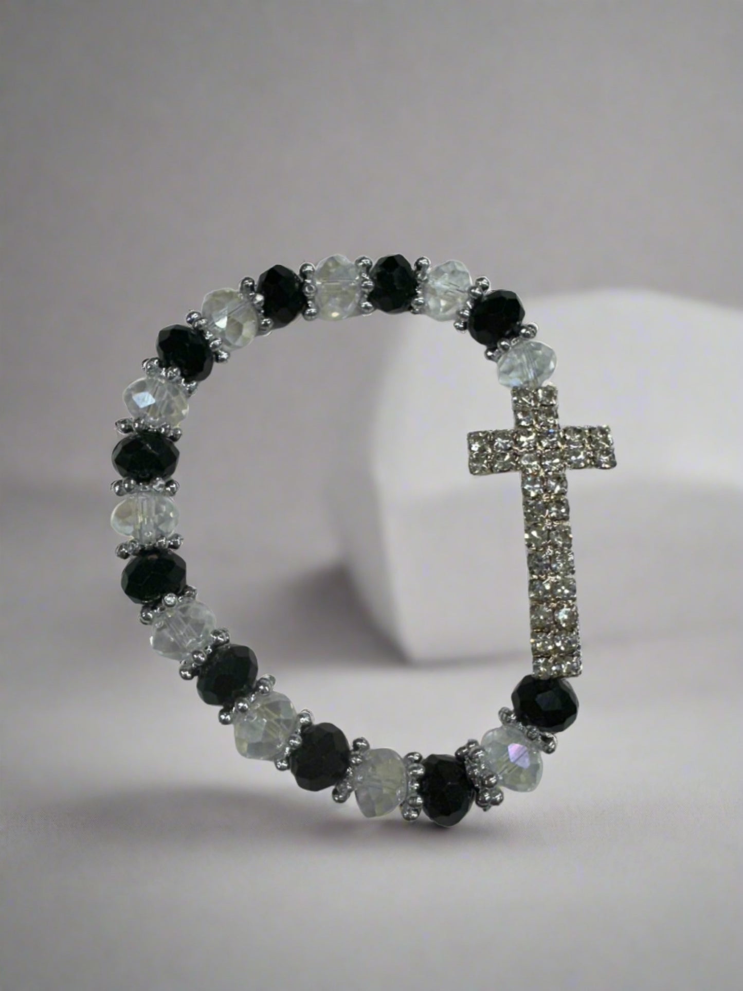 Black+White Crystal Beaded Bracelet with Antique Rhinestone Cross (12pc)