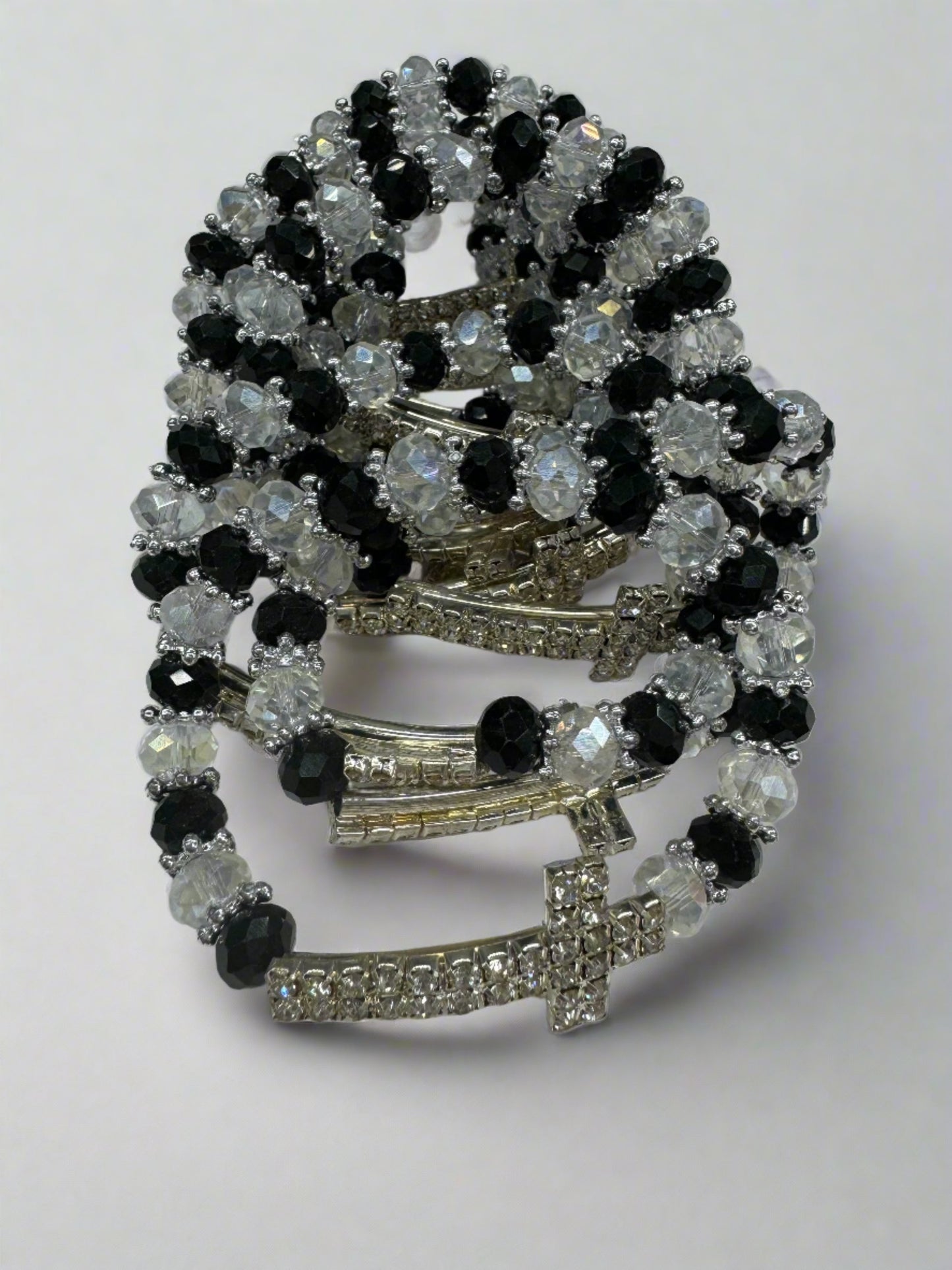 Black+White Crystal Beaded Bracelet with Antique Rhinestone Cross (12pc)