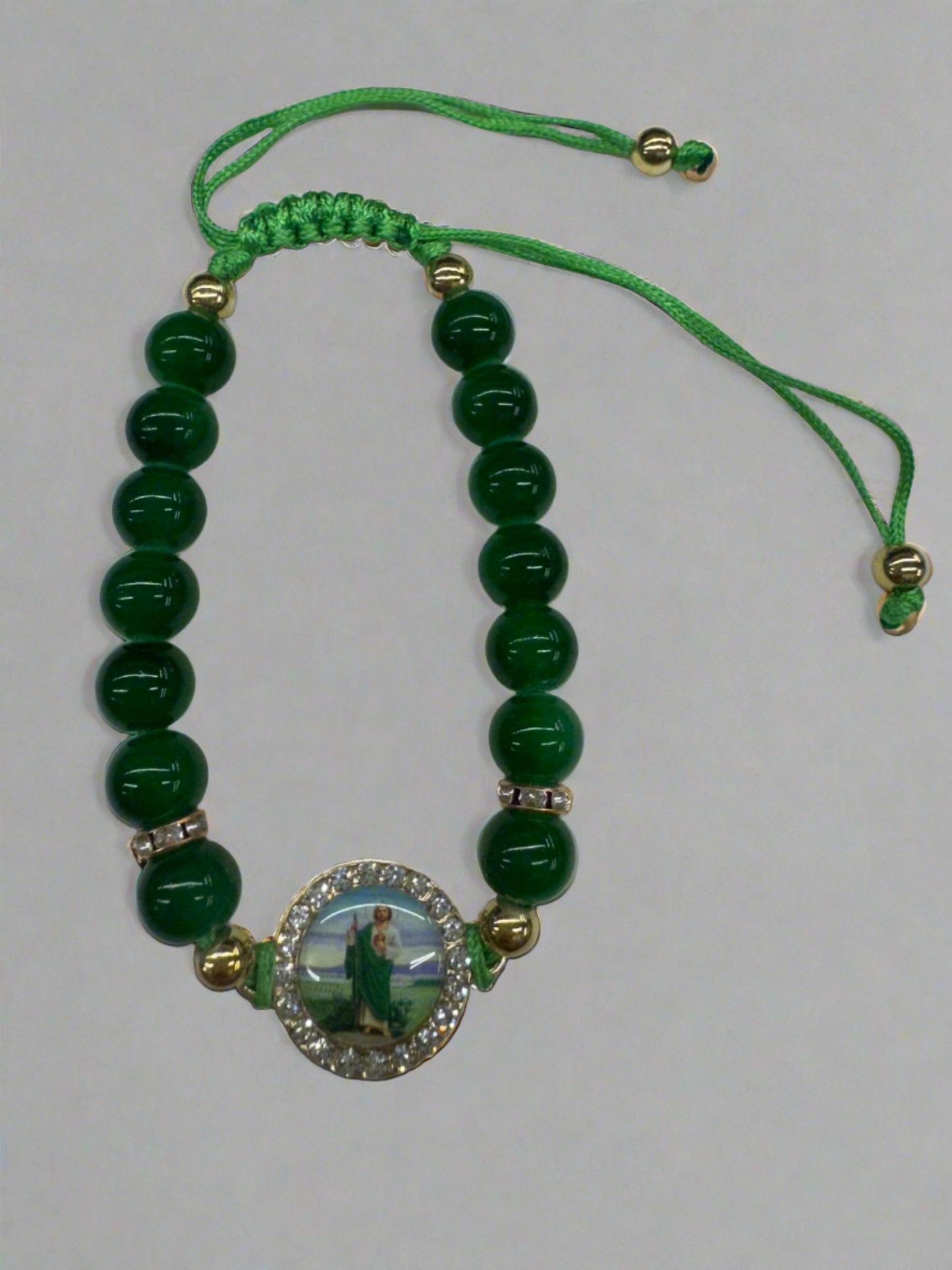 Adjustable Simulated Jade Beaded San Judas Bracelet (12pc)