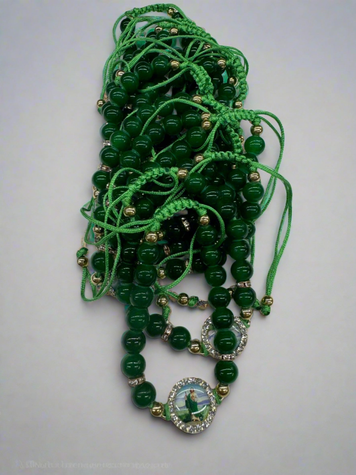 Adjustable Simulated Jade Beaded San Judas Bracelet (12pc)