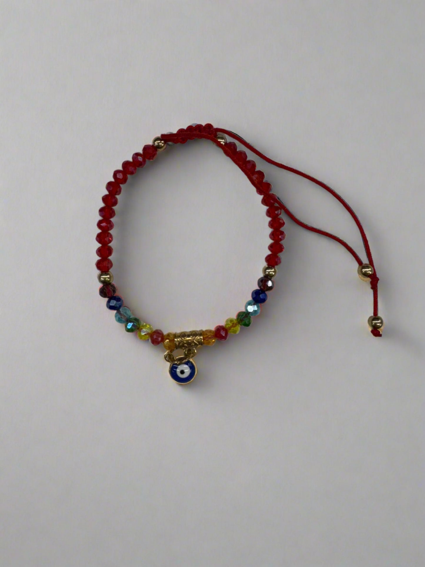 Rainbow Crystal Adjustable String Bracelet with Evil Eye Charm