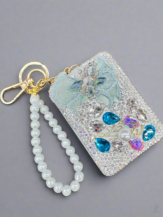 3.5" Rhinestone Blue Flower Compact Mirror + Pearl Wristlet